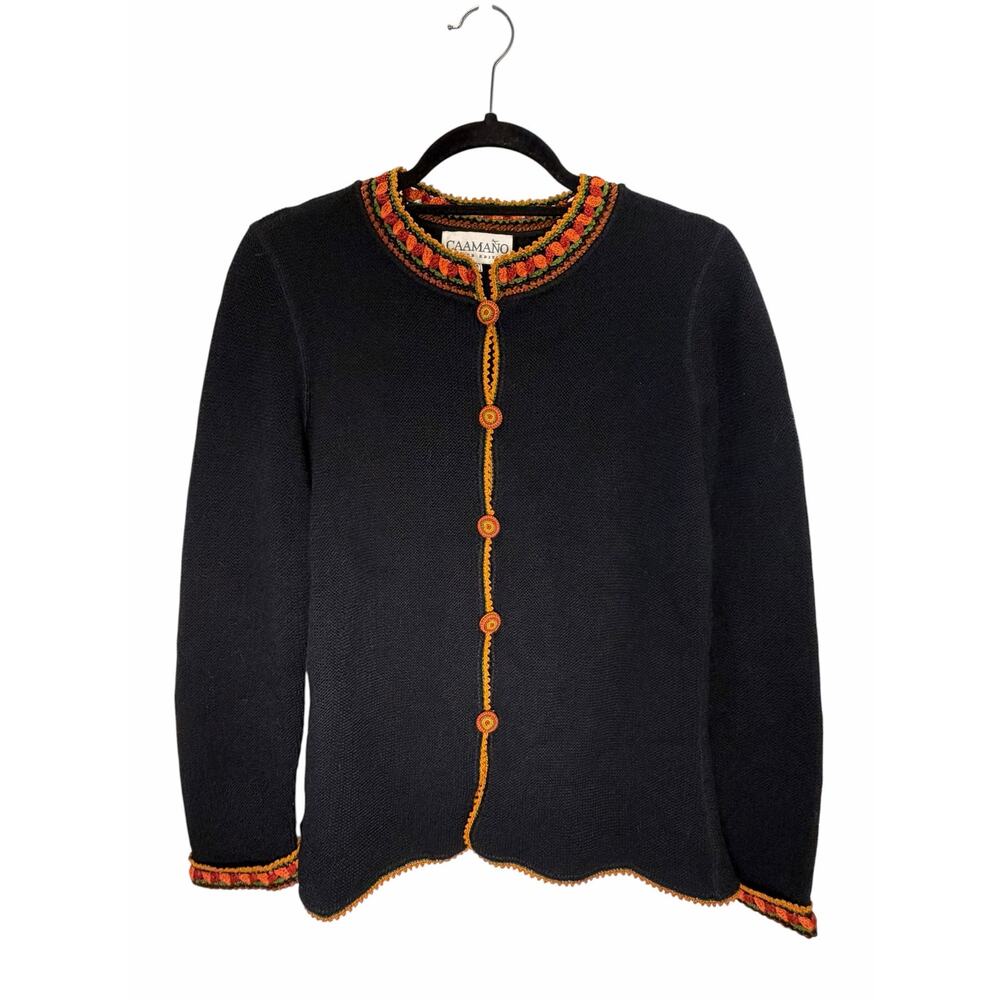 Caamano 100% Alpaca Black Crochet Trim Cozy Cardigan Sweater M Peru Artisan Boho